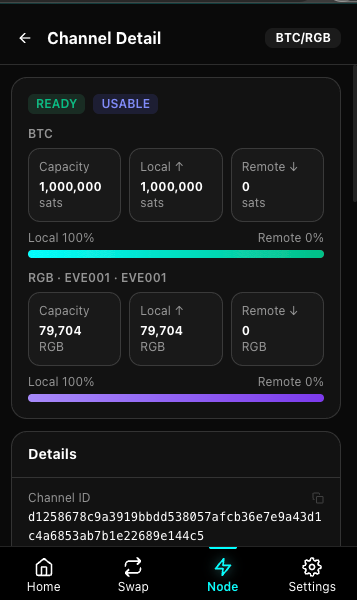 Stash Wallet channel detail screen with BTC and RGB balances