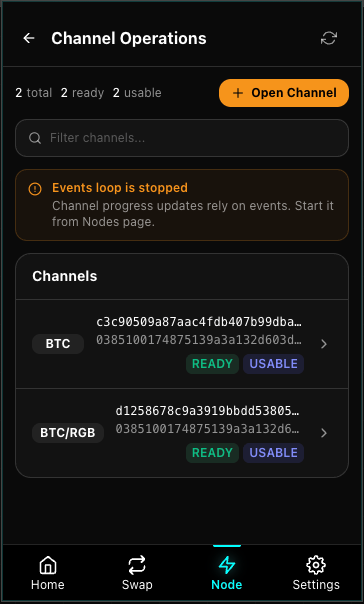 Stash Wallet channel operations list with open channel action