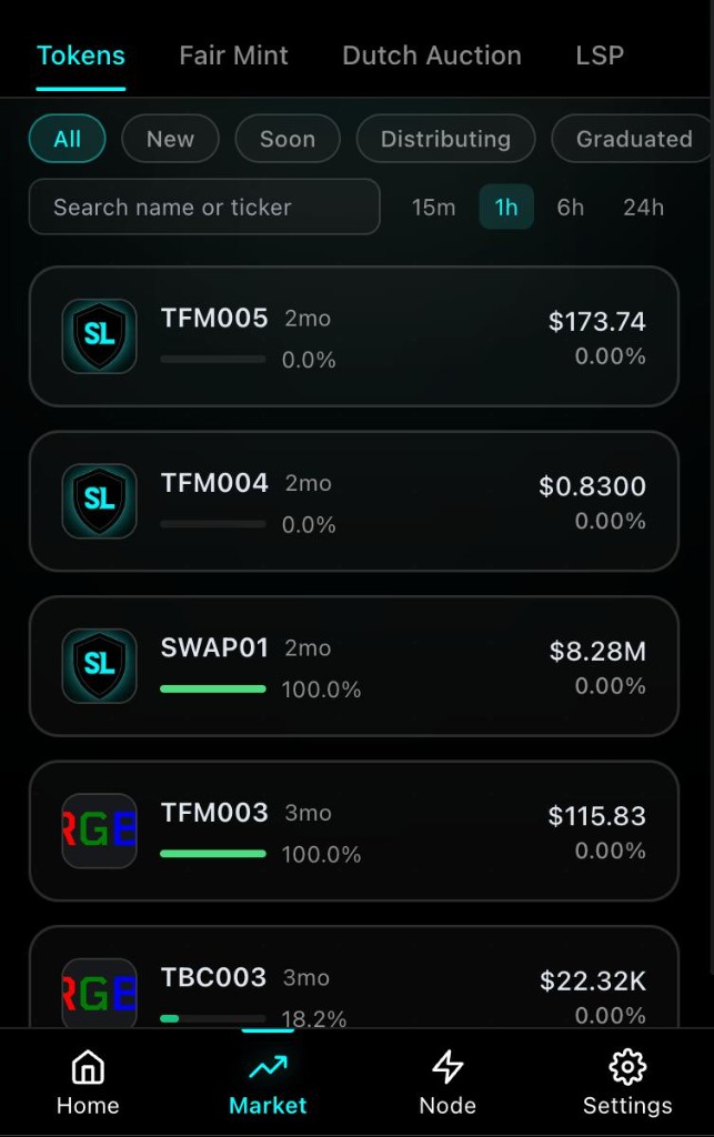 Stash Wallet RGBDEX market screen showing token listings and issuance progress