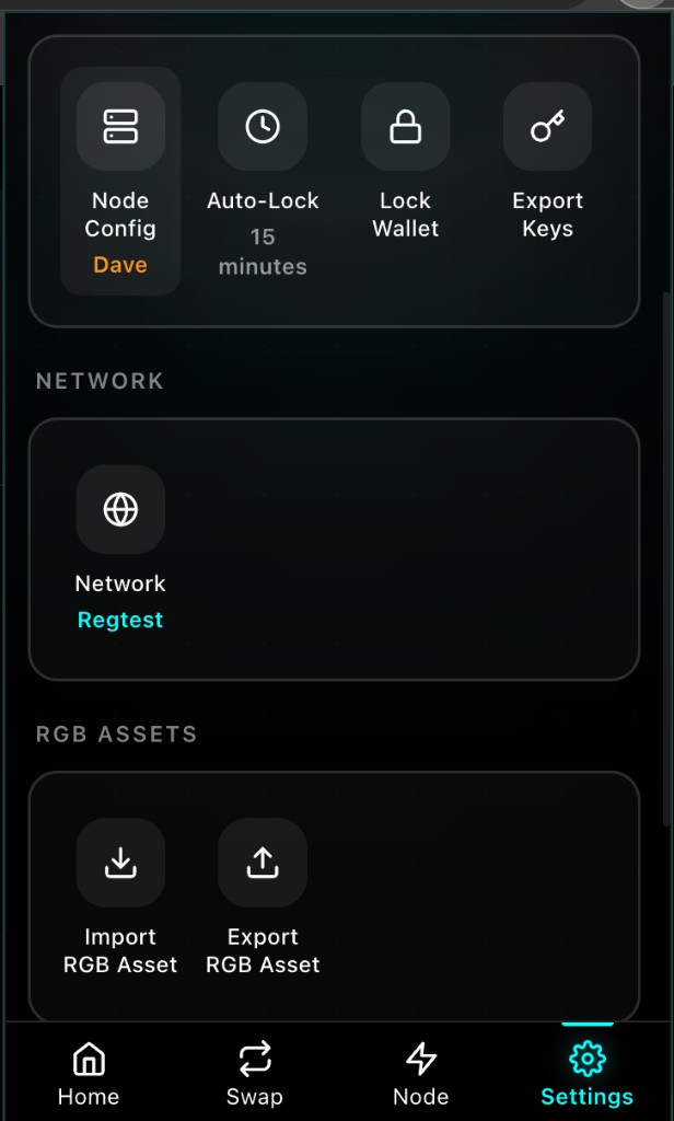 Stash Wallet settings screen for node config, locks, keys, network, and RGB assets